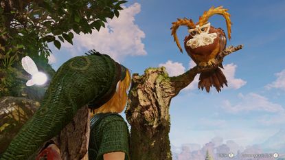 The Owl perches on a tree branch in The Legend of Zelda: Ocarina of Time remake as it converses with Young Link