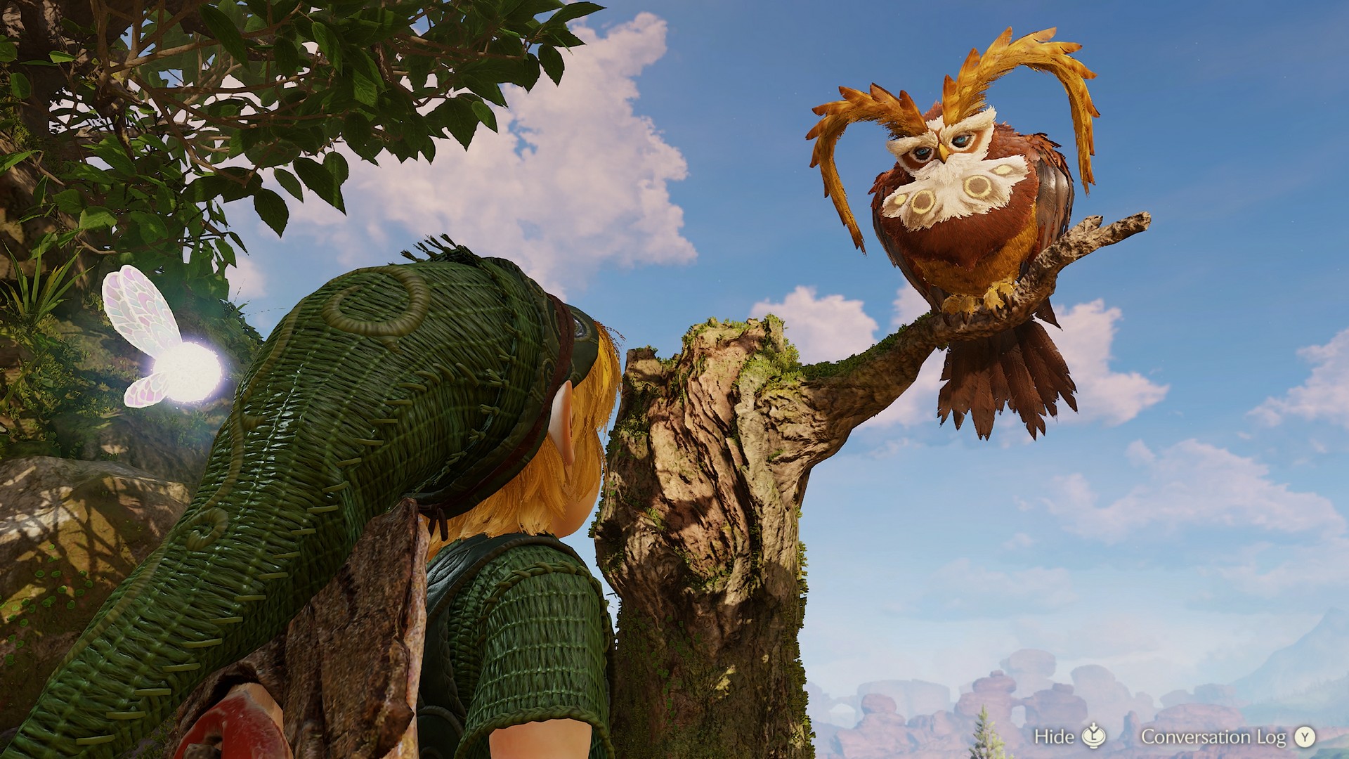 The Owl perches on a tree branch in The Legend of Zelda: Ocarina of Time remake as it converses with Young Link
