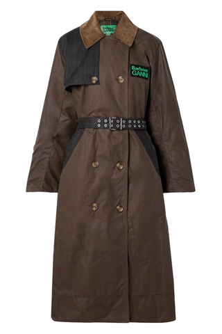 Barbour x Ganni Belted Corduroy-Trimmed Paneled Checked Waxed-Organic Cotton Trench Coat