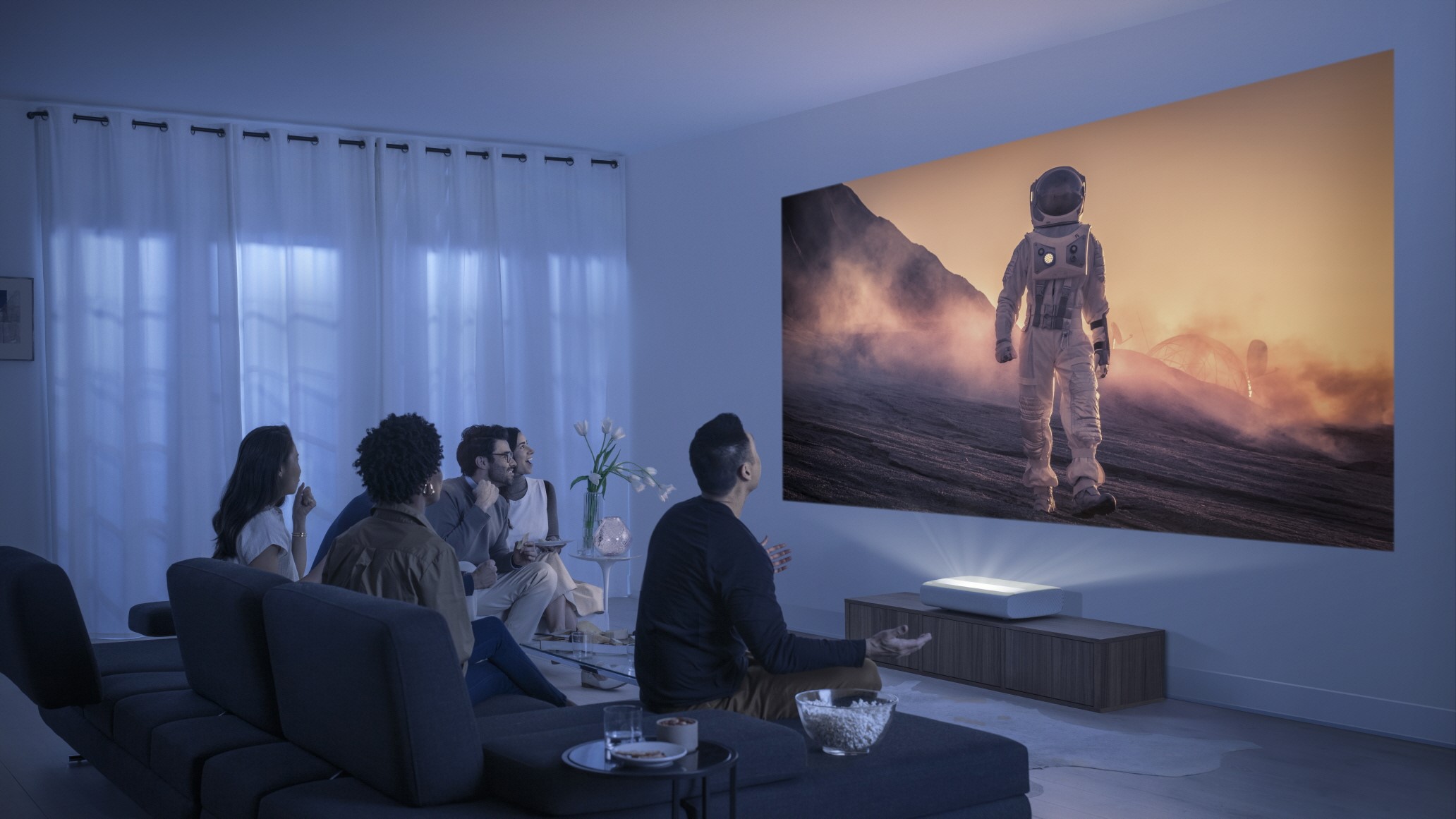 Samsung's The Premiere 4K projector in a living room.