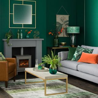 best colour combinations, green wall with fireplace and sofa set