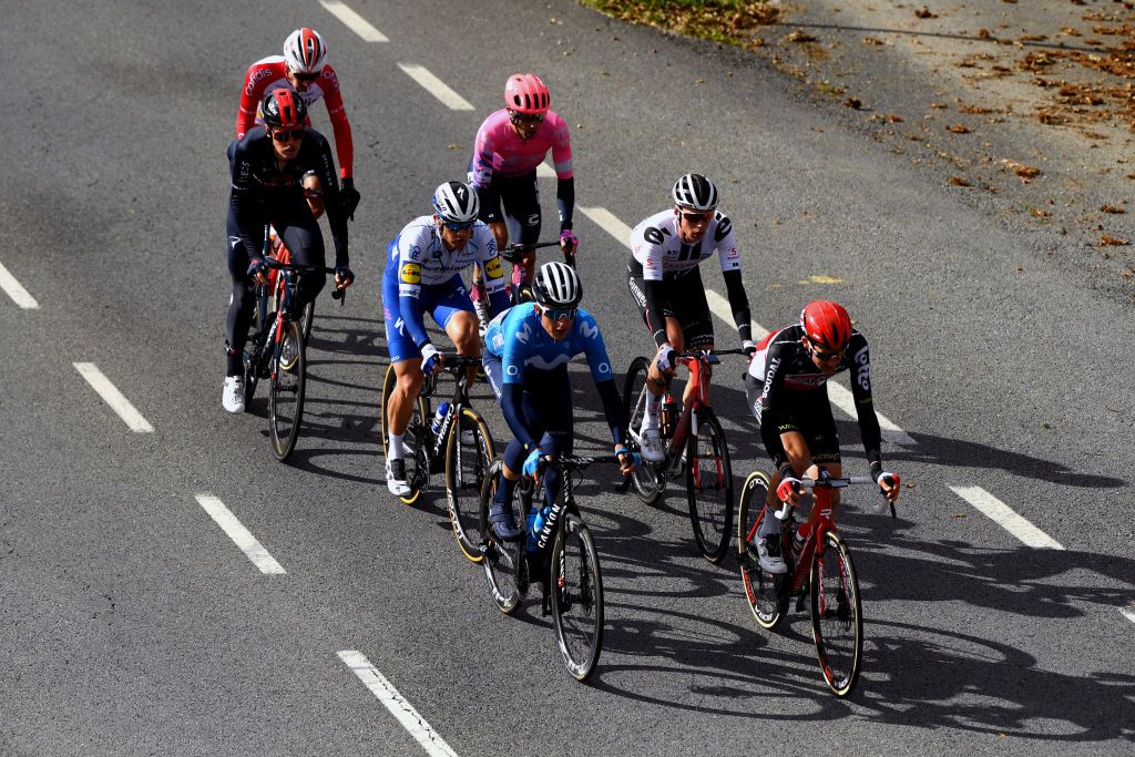 OURENSE SPAIN NOVEMBER 04 Thymen Arensman of The Netherlands and Team Sunweb Hugh Carthy of The United Kingdom and Team EF Pro Cycling PierreLuc Perichon of France and Team Cofidis Solutions Credits Dylan Van Baarle of The Netherlands and Team INEOS Grenadiers Tim Wellens of Belgium and Team Lotto Soudal Zdenek Stybar of Czech Republic and Team Deceuninck QuickStep Marc Soler Gimenez of Spain and Movistar Team Breakaway Landscape during the 75th Tour of Spain 2020 Stage 14 a 2047km stage from Lugo to Ourense lavuelta LaVuelta20 La Vuelta on November 04 2020 in Ourense Spain Photo by David RamosGetty Images
