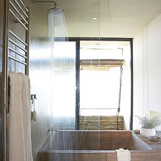 shower room with shower and glass partition