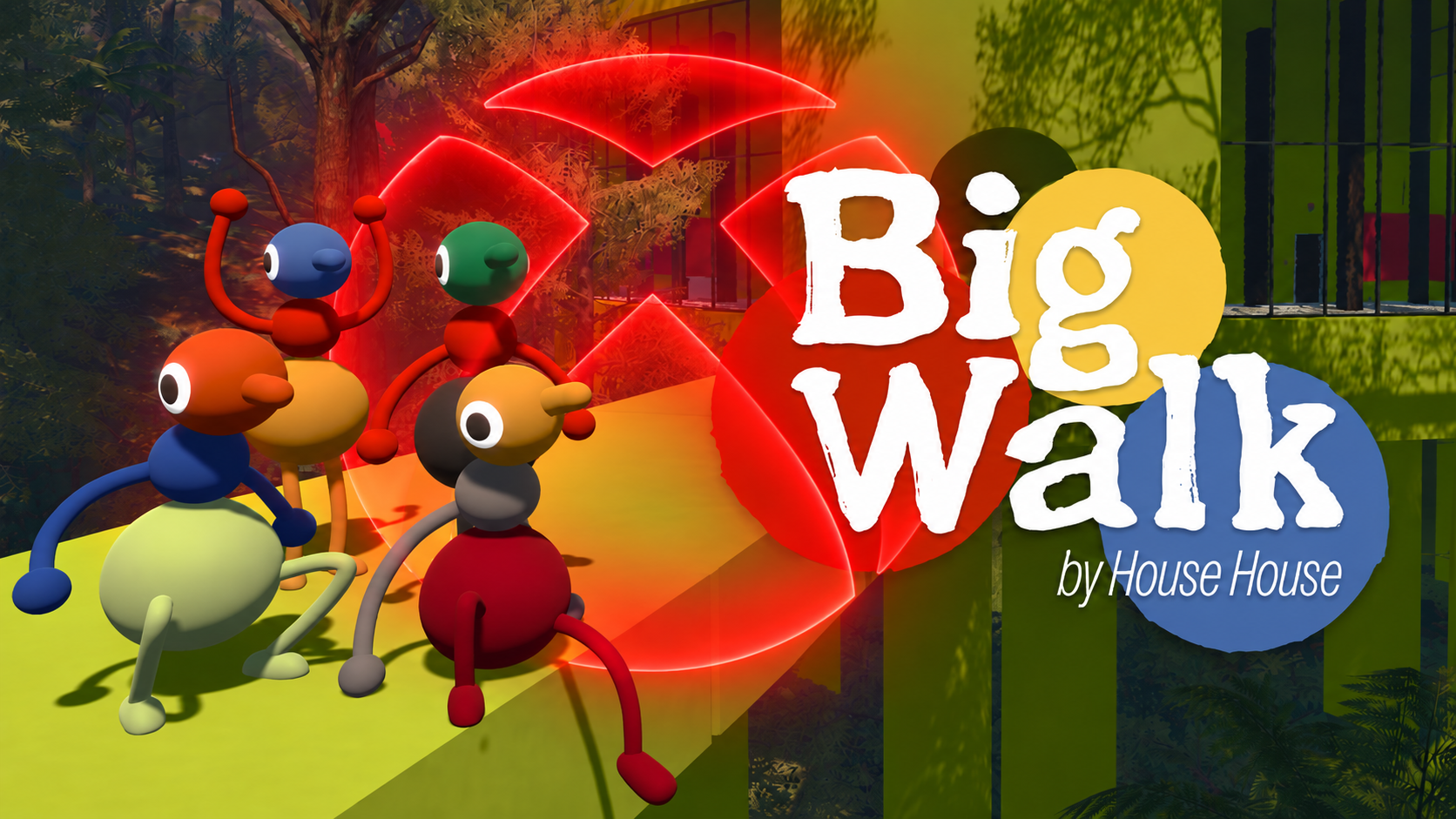 Big Walk promotional artwork showing four colourful characters on a green platform, with a large semi transparent red Xbox logo glowing across the image.