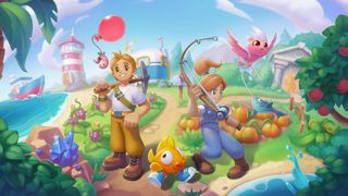 Key art for Luma Island, showing two player characters alongside a magical pink bird and a worm on a balloon.