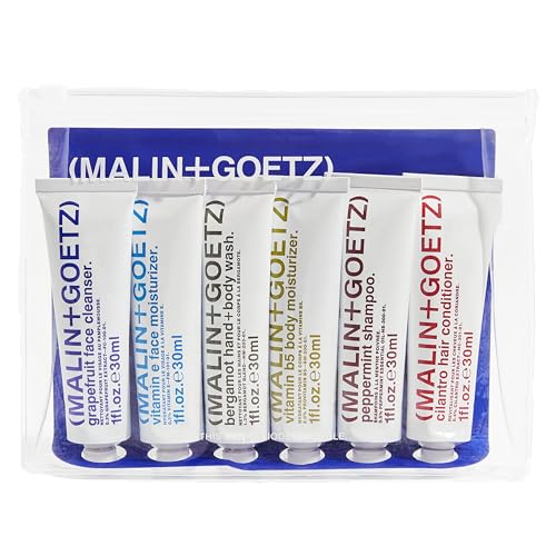 "malin + Goetz Essential Starter Kit, 1 Fl. Oz. - Hair Shampoo 
Conditioner, Facial Cleanser 
Moisturizer, Hand 
Body Wash, Body Moisturizer, Travel Kit, Vegan 
Cruelty Free"