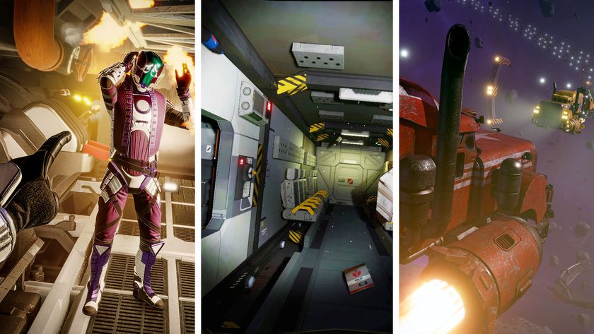 Split image showing three space games: Left - Void Crew, Middle - Hardspace: Shipbreaker, Right - Star Trucker.