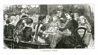 A historical drawing depicts a mother at the head of a table offering a spoon to a girl who sits in front of a cake. Other children sit at the table, and several servants hover around.