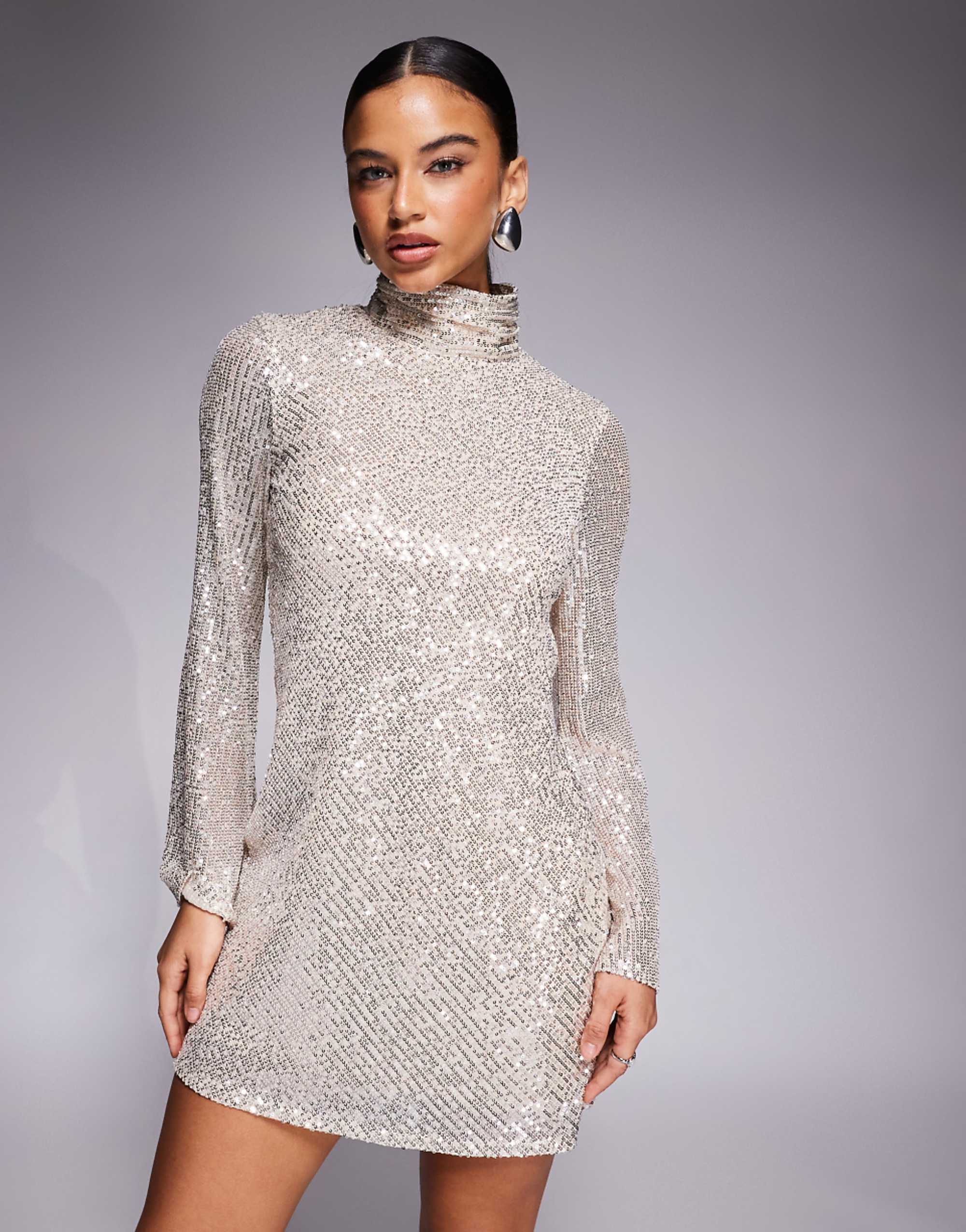 Jaded Rose High Neck Cowl Back Sequin Mini Dress in Silver