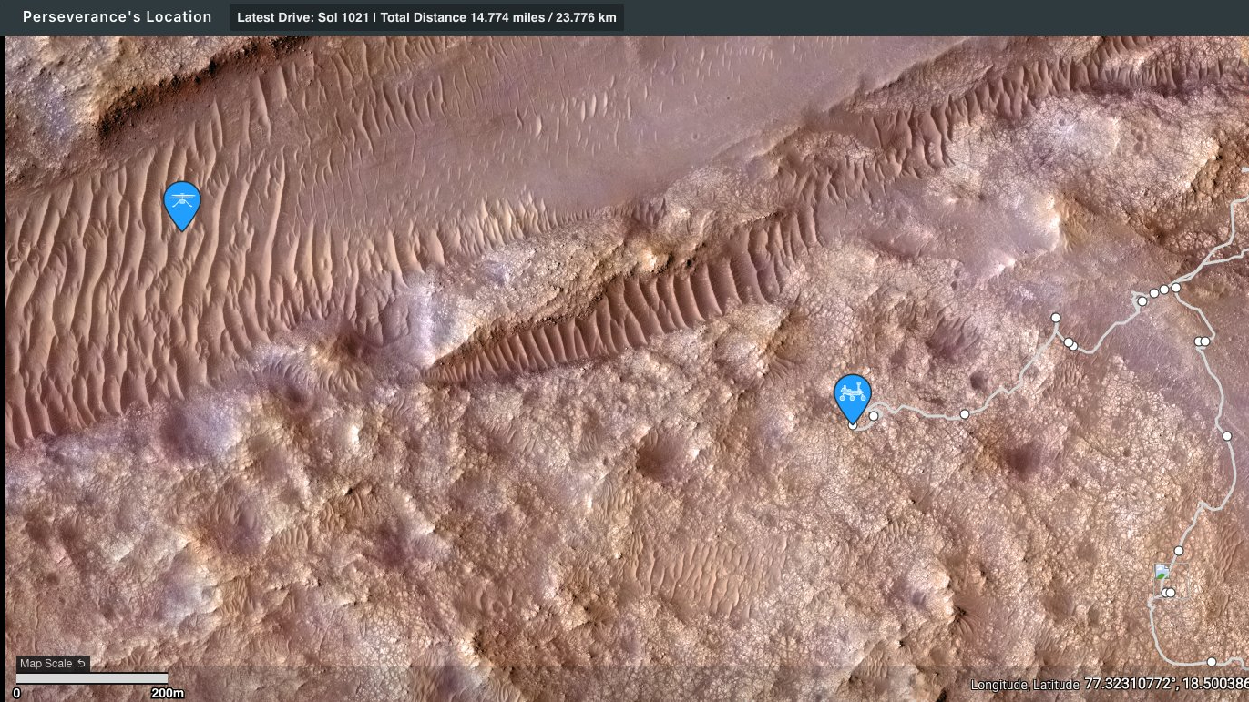 Aerial view of the reddish Martian ground. Blue icons indicate the location of NASA's Perseverance rover and Ingenuity helicopter.