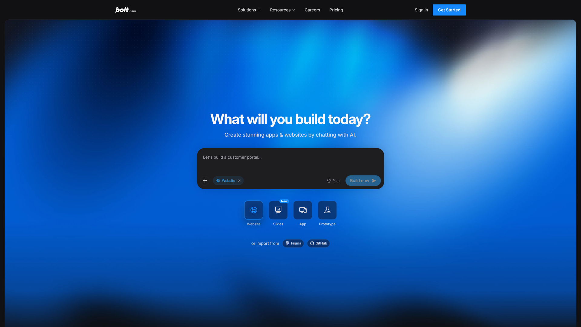 Prompt-based AI app generator on Bolt's landing page