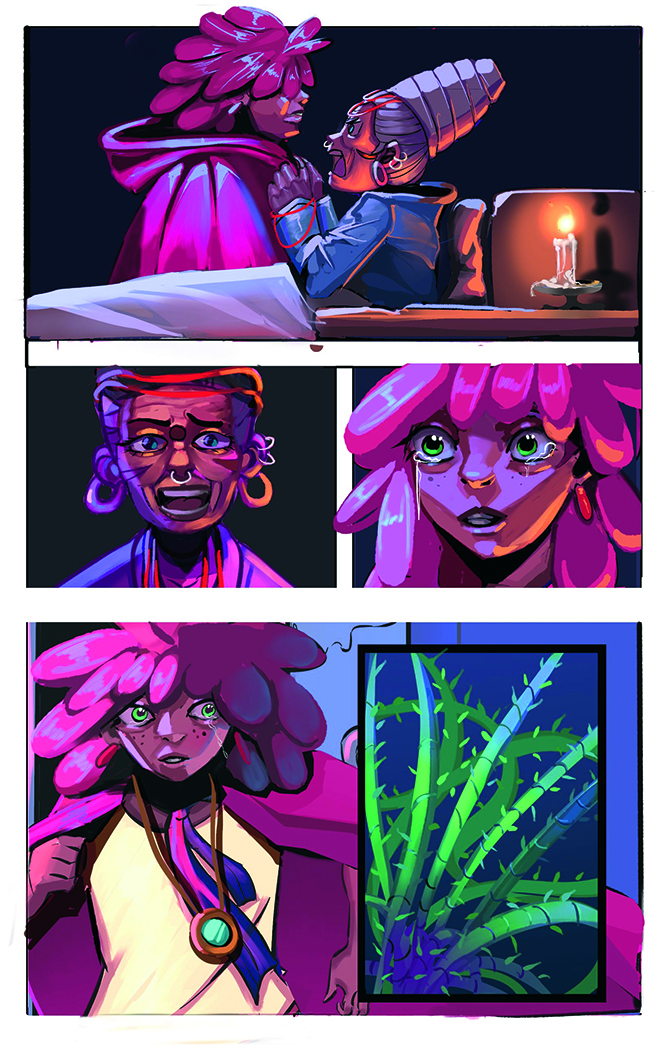 African comics; panels showing a purple woman