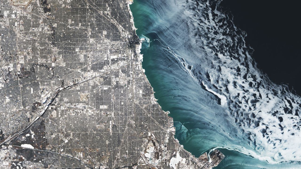  Ethereal ice structures swirl alongside Chicago during extreme cold snap fueled by polar vortex &mdash; Earth from space 