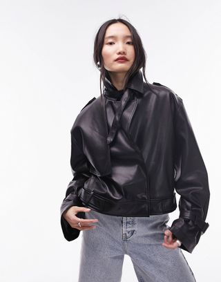 Topshop Faux Leather Cropped Trench Jacket in Black