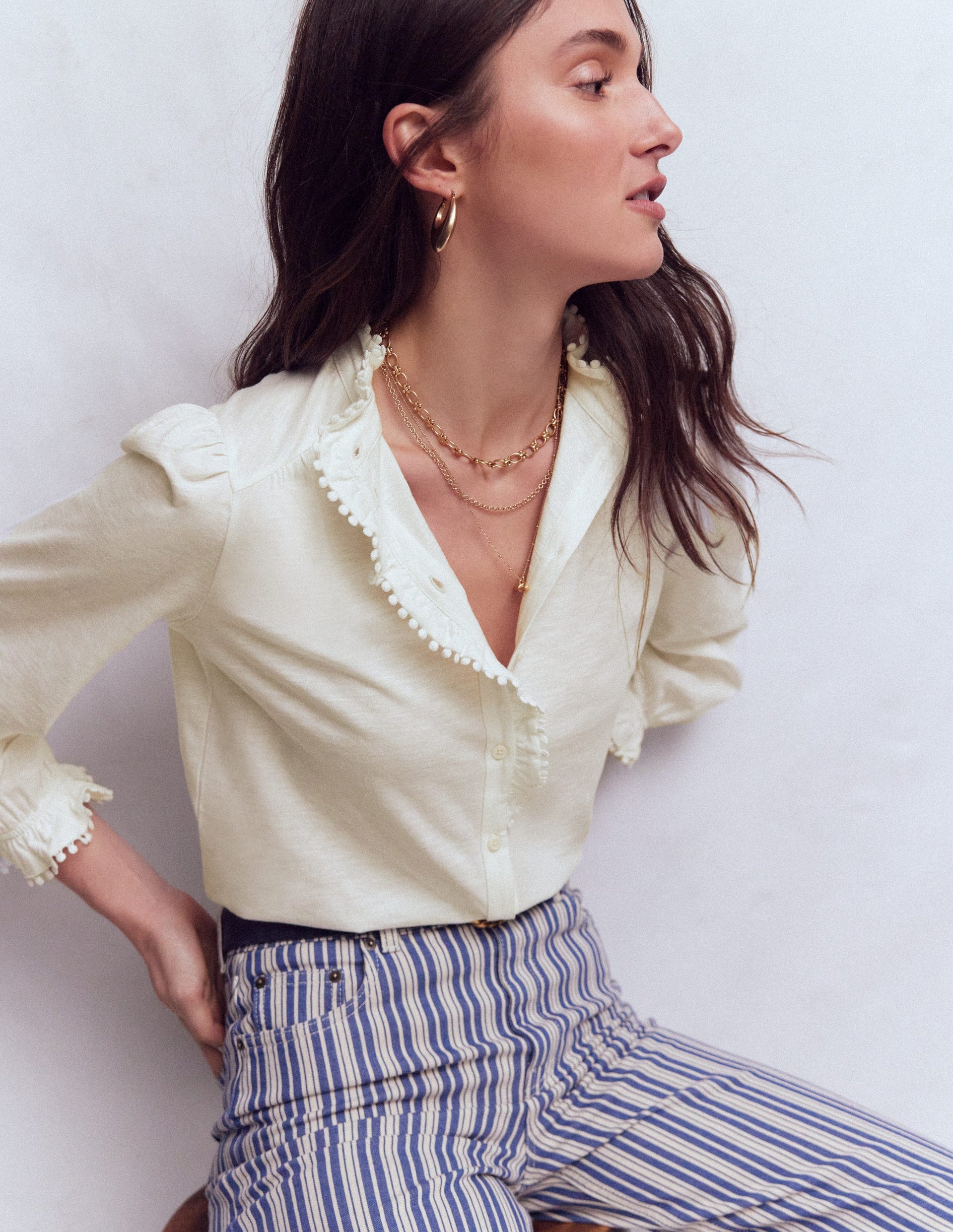 Emily Pom Trim Ruffle Shirt-Ivory