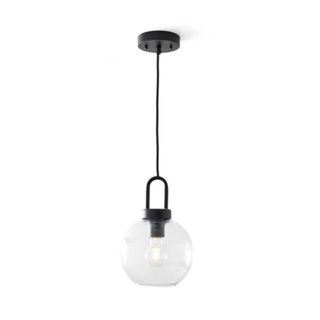 A black hanging pendant light with an exposed bulb