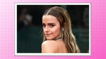  Emma Watson attends the EE British Academy Film Awards 2022 at Royal Albert Hall on March 13, 2022 in London, England/ in a pink gradient template