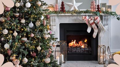 An example of traditional Christmas tree themes on a real fir tree in a festive living room beside fireplace