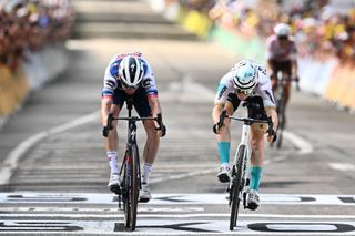 Tour de France: Matej Mohoric (Bahrain Victorious) wins stage 19 in photo finish (on right) ahead of Kasper Asgreen (Soudal-QuickStep)