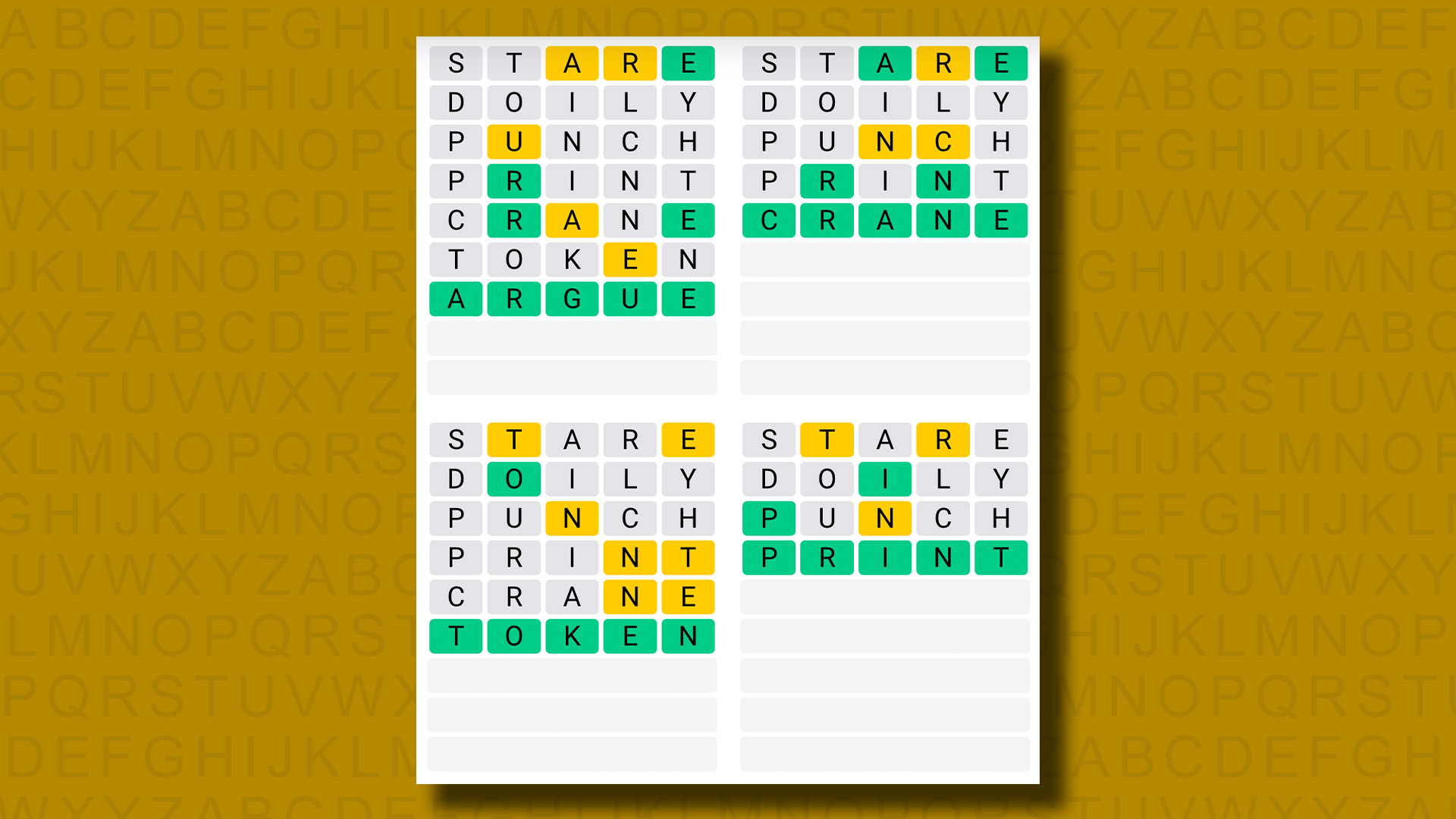 Quordle responde al juego 982 sobre un fondo amarillo