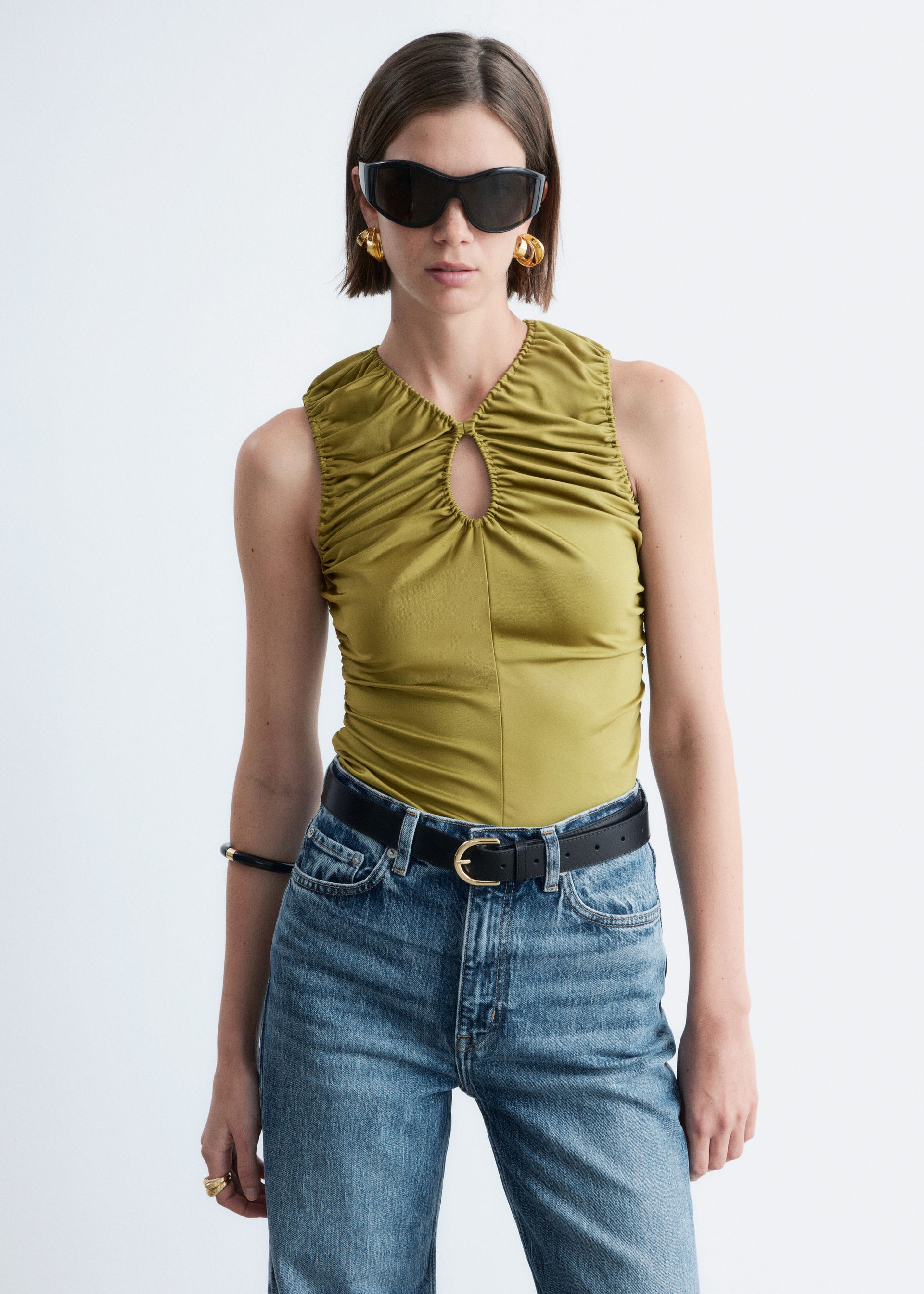 Ruched Keyhole-Neck Top