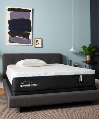 Tempur-Pedic ProAdapt Mattress on a bed against a light blue wall.