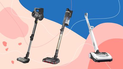 Beko Powerclean, Shark Stratos, and Gtech AirRAM Platinum cordless vacuum cleaners on pink and blue Ideal Home style background