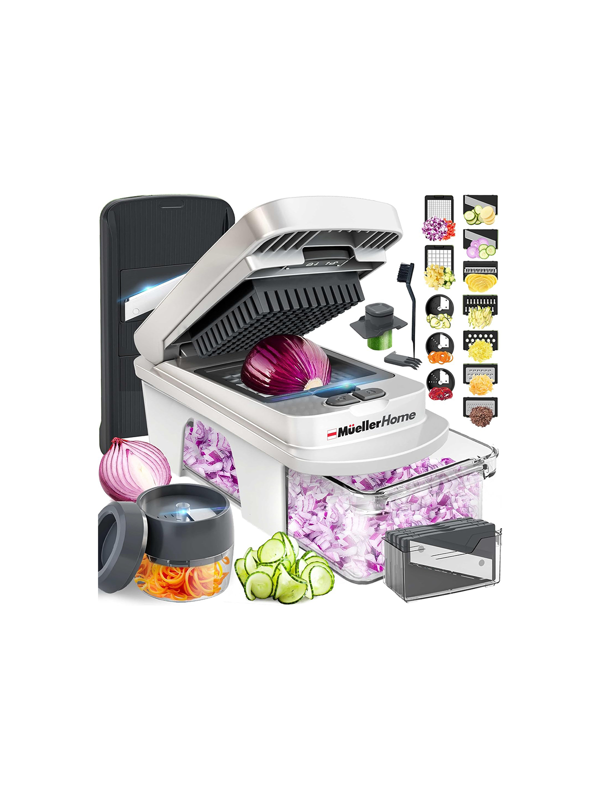 Mueller Pro-Series All-In-One, 12 Blade Mandoline Slicer for Kitchen, Food Chopper, Vegetable Slicer and Spiralizer, Cutter, Dicer, Grater, Kitchen Gadgets Sets With Container, White Sand/gray