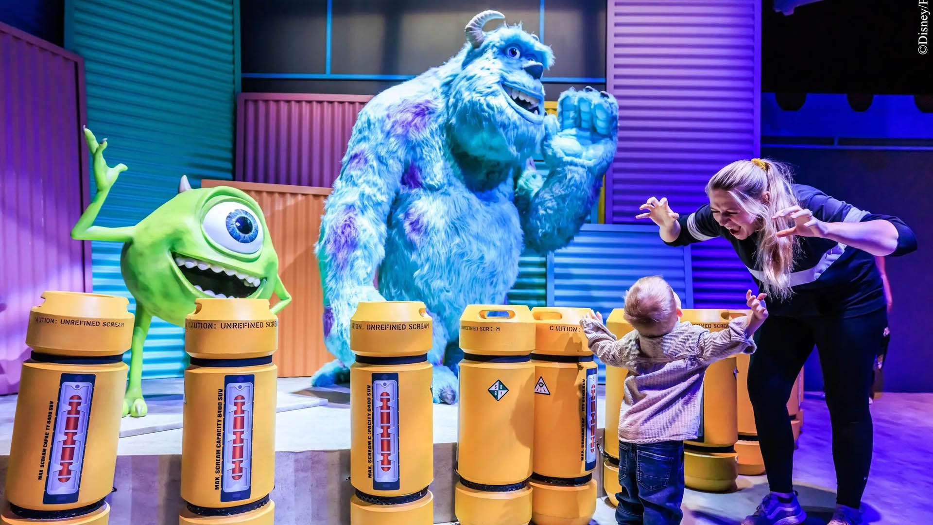 A photo of the Monsters Inc. installation at Mundo Pixar Experience. 