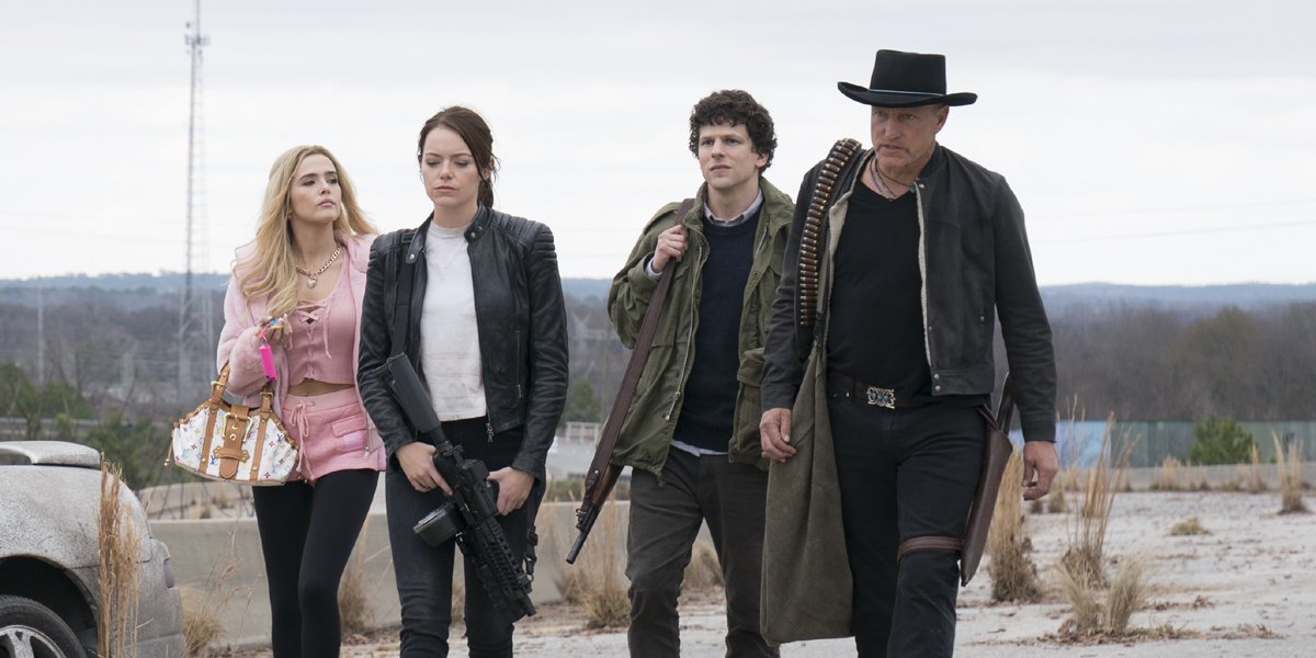 Zoey Deutch Emma Stone Jesse Eisenberg and Woody Harrelson in ZOmbieland Double Tap