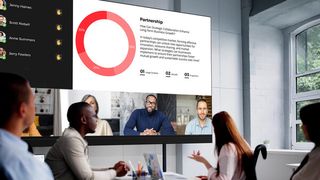 Sharp's new all-in-one dvLED display being used in a conference room. 