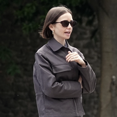 American actress Lily Collins takes a break from filming 'Emily in Paris' and enjoys a stroll with her husband Charlie McDowell and pet pooch through Villa Borghese park in Rome. **SHOT ON 05/10/2025**