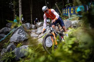 Mathieu van der Poel recons the mountain bike course at the UCI World Championships in Peebles