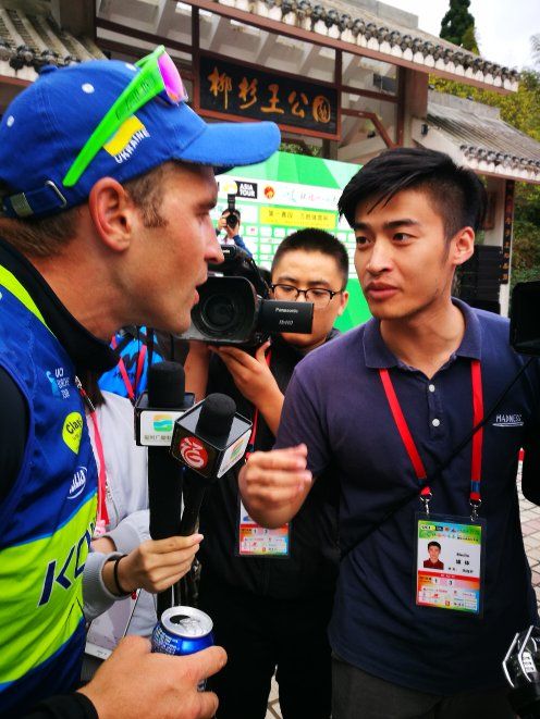 Stage winner and yellow jersey Mykhaylo Kononenko is interviewed