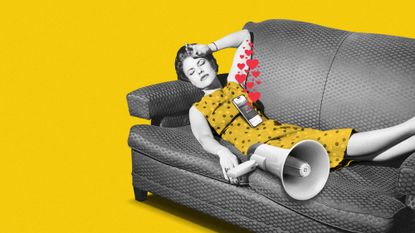 Illustration of a woman sleeping on a couch with a megaphone and smartphone sprinkled with likes