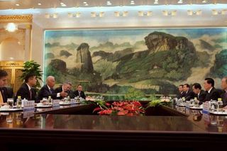 Vice President Joe Biden holds a bilateral meeting with Chinese President Hu Jintao, center right, at the Great Hall of the People, in Beijing, China, Aug. 19, 2011.