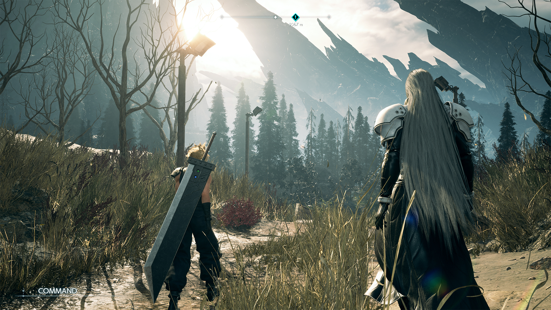Cloud and Sephiroth walk side by side through a forest landscape