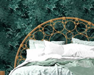 A deep green wallpaper with fawn print