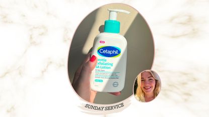 a marble backdrop containing an image of a hand with red painted fingernails, holding cetaphil SA exfoliating lotion, next to an image of beauty editor fiona mckim smiling with a yellow shirt on