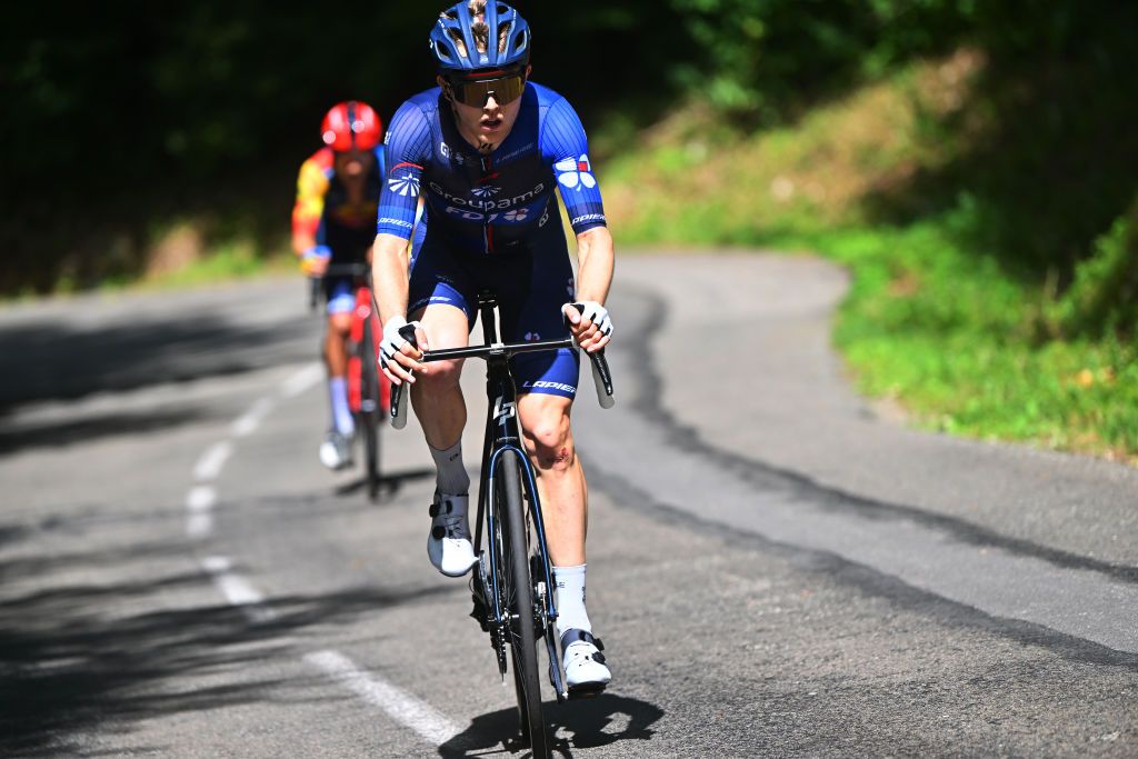 LLEX MONTSJURA FRANCE AUGUST 02 Michael Storer of Australia and Team GroupamaFDJ attacks in the breakaway during the 35th Tour de lAin 2023 Stage 3 a 137km stage from Oyonnax to Llex MontsJura 898m on August 02 2023 in Llex MontsJura France Photo by Luc ClaessenGetty Images