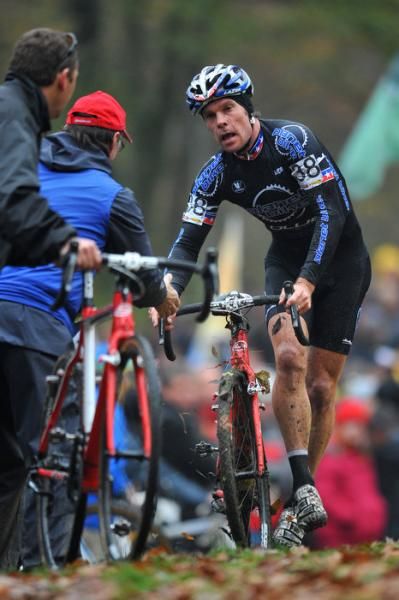 American Jonathan Page gets ready for a bike change.