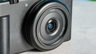 A black Sony ZV-1F compact vlogging camera