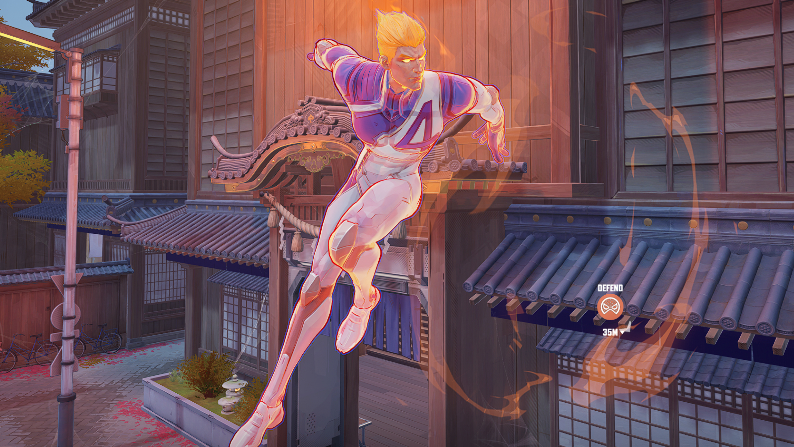 Marvel Rivals characters - Human Torch flying just above the street, using his fire powers.