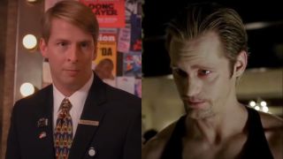 Jack McBrayer posing with an evil look as Kenneth in 30 Rock and Alexander Skarasgård talking as Eric Northman in True Blood, pictured side-by-side.