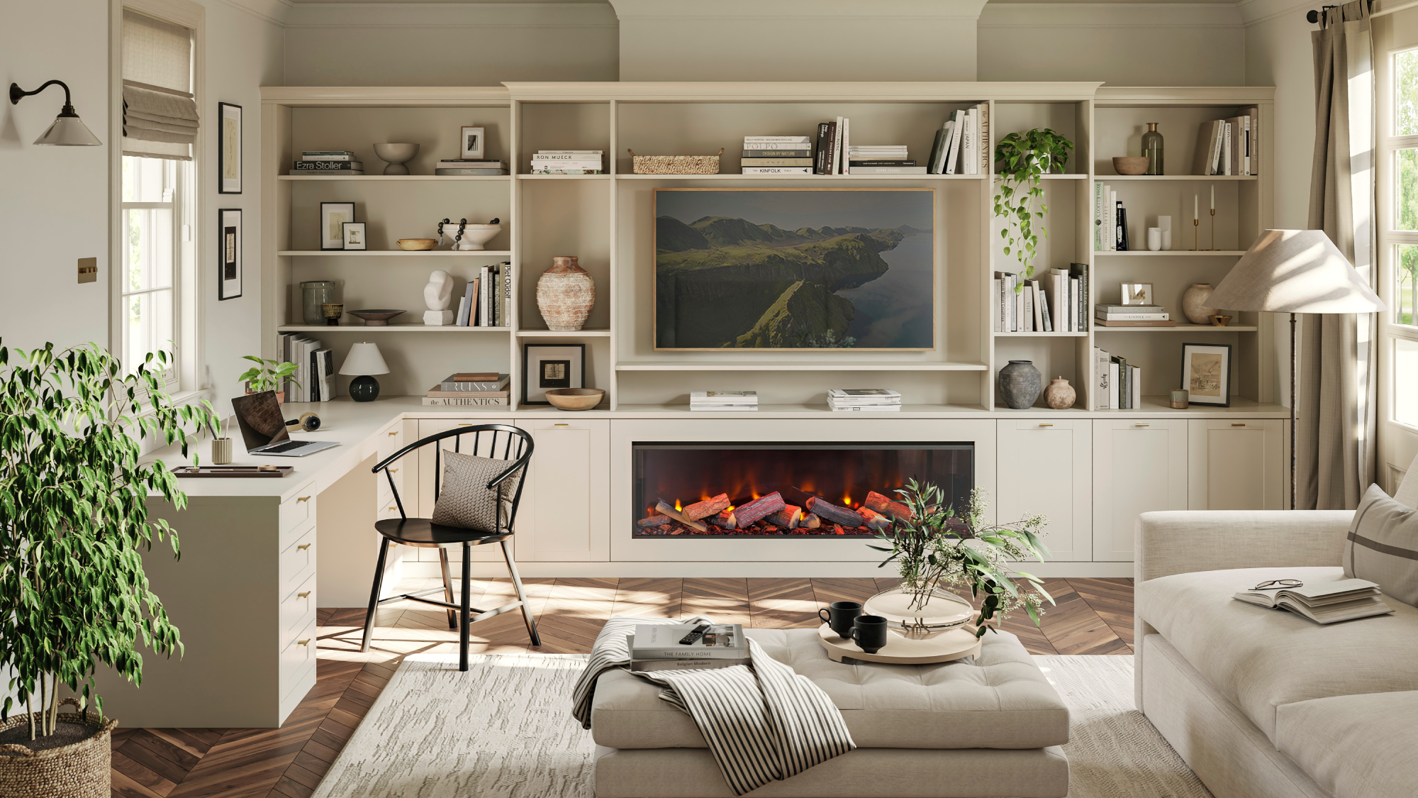 linen coloured bespoke media wall unit with tv, fire and storage in living room with home office space and sofas