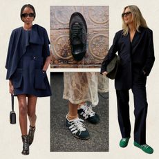 A collage featuring images from the runways, street style, and Instagram of fall sneaker trends in 2025. 