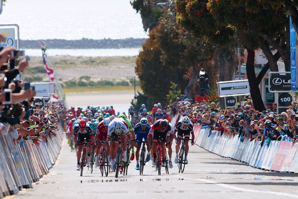 The top riders approach the finish line
