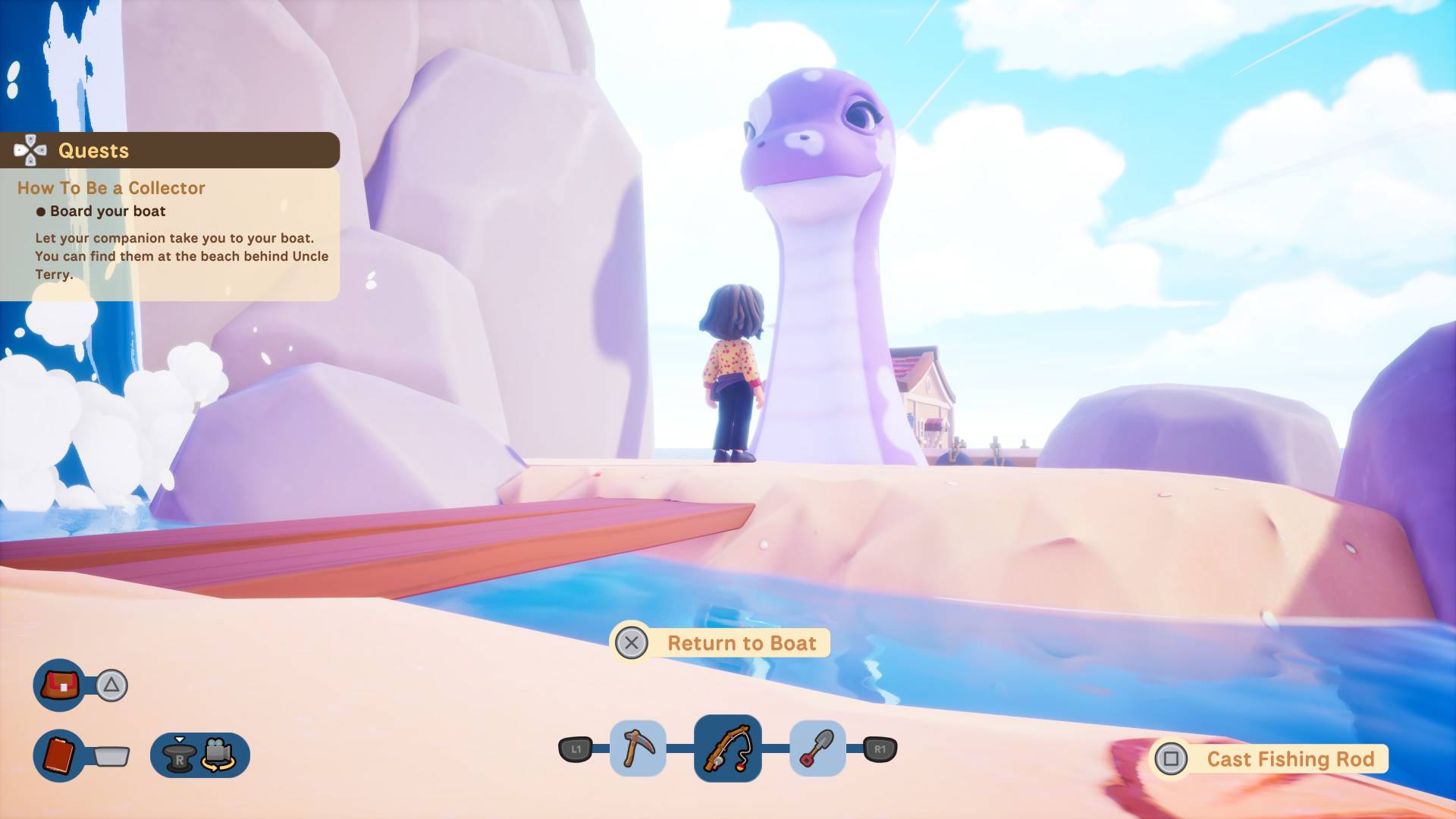 In Collector's Cove, the player character heads towards the Fable Fin sea creature in the ocean who serves as their boat
