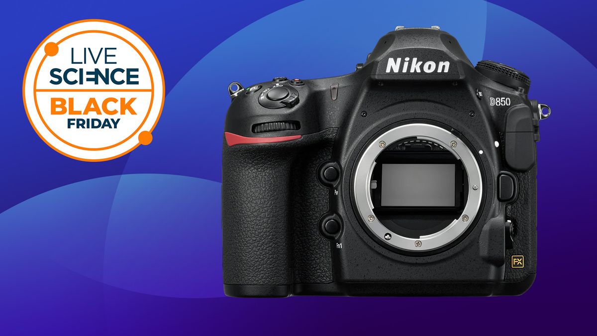 Nikon D850 body only on a blue background with a Live Science Black Friday badge