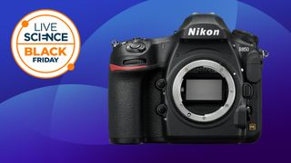 Nikon D850 body only on a blue background with a Live Science Black Friday badge